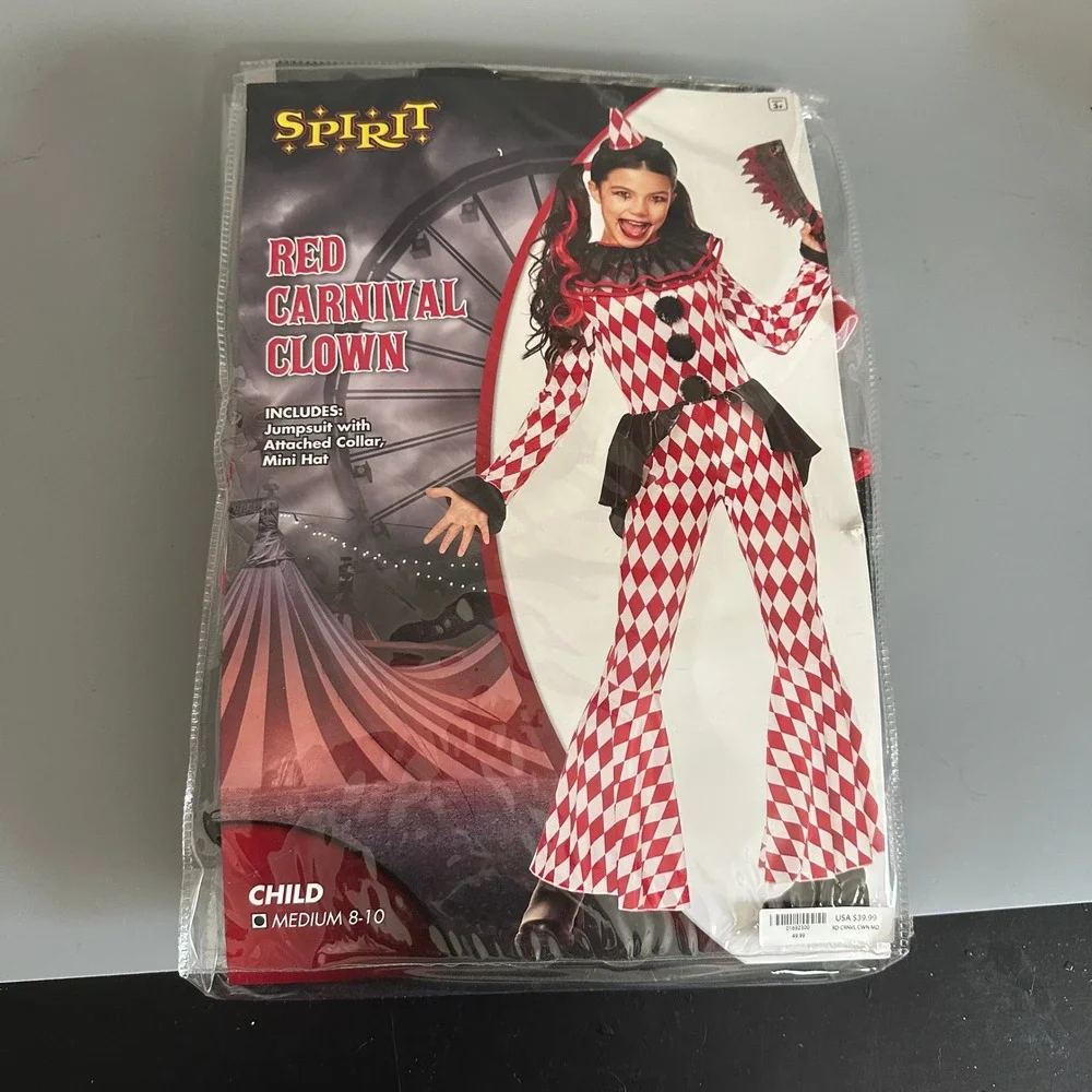 Spirit Halloween Red Carnival Clown Costume Child Medium 8-10 Jumpsuit Hat New